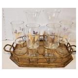Brass drink serving tray with four glasses 6 1/8"