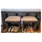 Wicker and glass table 18"x51"x26" and stools