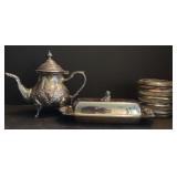 Silver Plated Teapot, Coasters, & Butter Dish