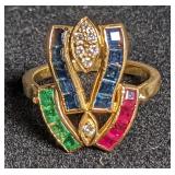 Gold ring w/ blue, pink, & green accent stones