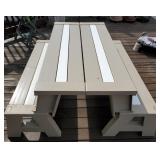Pair of plastic patio benches, folds down to make