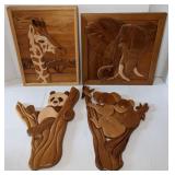4 Signed Intarsia Wood Wall Art of Animals From