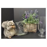 Glass vase, plush squirrel, faux light up lilacs