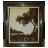 Crossed trees landscape oil painting, framed