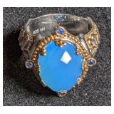 Silver ring w/gold-tone accents & light blue