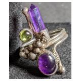 Silver ring w/ purple/green stones & grape detail