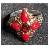 Silver ring w/gold-tone & red accents marked