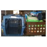 Contents of shelf w/ pet carrier crate of critter
