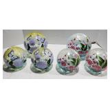 Lot of two sets of crackled glass orbs painted