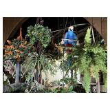 Lot of hanging artificial plants and decorations