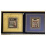 Pair of framed painted/stitched on satin