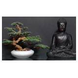 Buddha Statue (approx 10.5") & faux Bonsai Plant