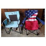 Two folding lawn chairs, one American flag chair,