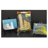 Lot of three decorative tiles depicting famous