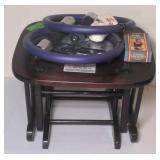 Wooden ottoman w/ various fitness equipment