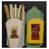 (M) Vtg. Black Americana Wood Knife Holders