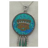 (XX)Sterling Turquoise Inlaid Pendant Necklace