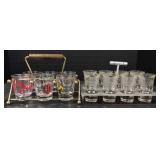 (M) Lot of 8 Etched Shot Glasses w/ Metal Caddy &