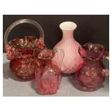 (X) "Fenton" Cranberry Ruffle Edged Glass Basket,