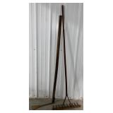 (H) Steel Sickle w/ Wooden Handle & Wooden Rake.