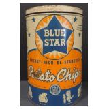 (M) Vintage Blue Star Potato Chips Tin. Measuring
