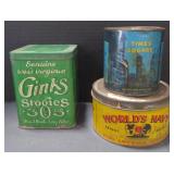 (M) Vintage Tins. Including Ginks Stooie, World