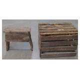 (AA) Vintage Wooden Step Stool, and Wooden Crate.