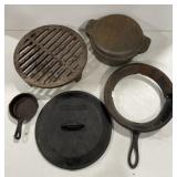 (H) Lot of Cast Iron Pot, Pan, Lid, Waffle Iron,