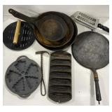 (H) Lot w/ Cast Iron Cornstick Pan, Meat Press,
