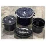(H)Assorted Enamel Pots, Steamer Basket and