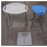(P) Shower Bench, Foldable Plastic Chair, and a