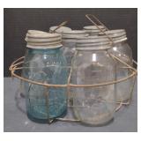 (M) Vintage Ball Mason Jar Carrier, and Blue