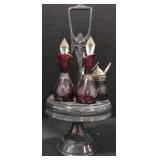 (M) Cruet Set (approx 16") w/ Ruby Red Etched
