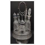 (M) Metal Cruet Set w/ Etched Glass Bottles