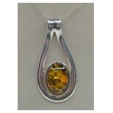 (XX)Mexico Sterling Amber Pendant Necklace