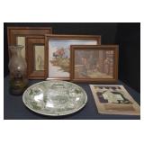 (AA) Framed Farm Photographs, Glass Oil Lamp, a