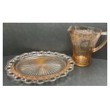 (YZ) Pink Depression Tray and Pitcher 6 3/4"
