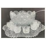 (BA) Crystal Pressed Punch Bowl with 12 cups and
