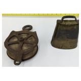 (Hi) vintage rope pulley and metal cow bell