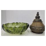 (TB) Vtg Indiana Glass Footed Fruit Bowl Green