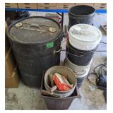 Lot of 5 Gal. buckets, 50 Gal Drum With Garden