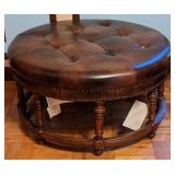 Round Leather/Wood Ottoman 38"