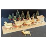 Vtg Christmas Reindeer Sleigh 15" & Faux Trees