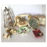 Lot w/Vtg Alarm Clocks, Telephone, Cat Figurines,