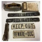 Metal Signs and Vintage Tape Dispenser, Stapler