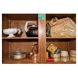 Contents of Cabinet Including Teapots, Box Tape,