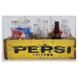 Vintage Pepsi Chicago Wood Crate W/ Mixed Bottles