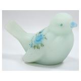 Fenton Blue Satin Glass Hand-Painted Bird Figurine