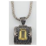 Sterling Emerald Cut Lemon Quartz Pendant
