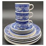 (O) Unmarked Blue Willow Ceramic Teacups & Dishes